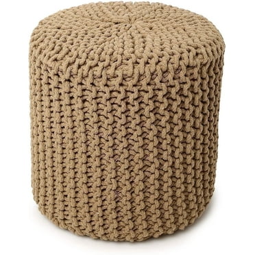 REDEARTH Cylindrical Hand Knitted Pouf - Foot Stool Ottoman - Cord Boho Pouffe - Cotton Round Poof Accent Chair for Home Decor, Kids, Living Room, Bedroom, Nursery, Patio, Lounge 16"x16"x16", Beige