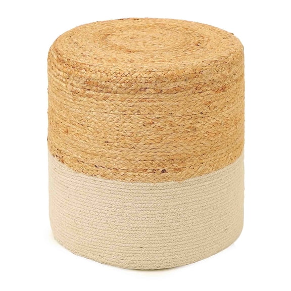 · REDEARTH · Cylindrical Pouf Foot Stool Ottoman - Jute Braided Accent Sitting Footrest for The Living Room, Bedroom, Nursery, Patio, Lounge & Other Rooms in The Home (14.5”x14.5”x16”; Natural Ivory)