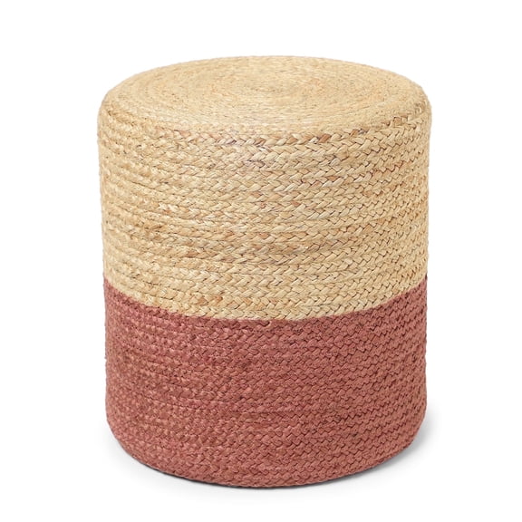 · REDEARTH · Cylindrical Pouf Foot Stool Ottoman - Jute Braided Pouffe Poof Accent Sitting Footrest for Living Room, Bedroom, Nursery, Patio, Lounge (Natural Rust, 14.5"x14.5"x16")