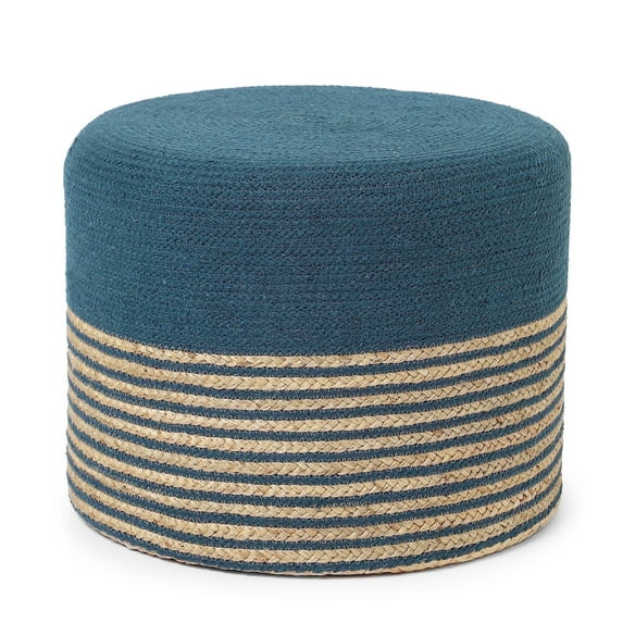 · REDEARTH · Cylindrical Pouf Foot Stool Ottoman - Jute Braided Pouffe Poof Accent Sitting Footrest for Living Room, Bedroom, Nursery, Patio, Lounge & Other Rooms (Teal Natural, 18"x18"x14")