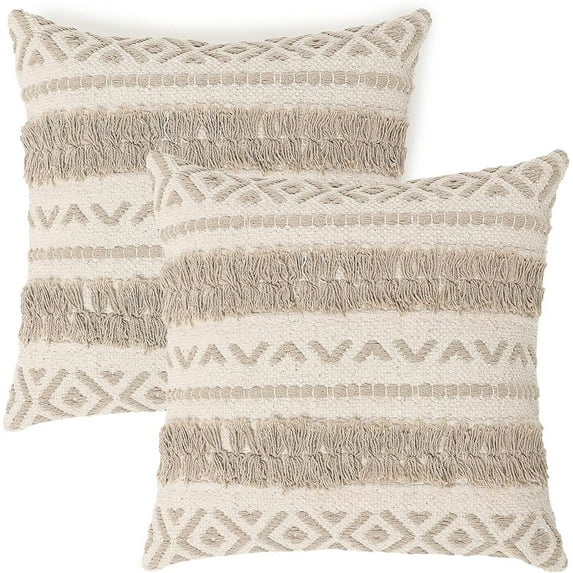 · REDEAR Handmade Boho Throw Pillow Covers - Bohemian Chic Farmhouse Style - Accent Woven Indoor and Outdoor Pillow Cushion Cases for Couch - Bed - Chair - Sofa - Benches – Set of 2 - 18"x18" - Taupe