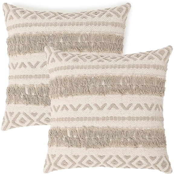 · REDEARTH · Handmade Boho Throw Pillow Covers - Bohemian Chic Style - Accent Woven Indoor and Outdoor Pillow Cushion Cases for Couch - Bed - Chair - Sofa - Benches – Set of 2 - 18"x18" - Taupe