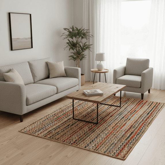 · REDEARTH · Jute Cotton Chindi Area Rug - 4'x6' Rectangular Rug, Handwoven, Non-Shedding, Soft & Durable – Multi Tones for Home Décor in Living Room, Dining Room, Bedroom