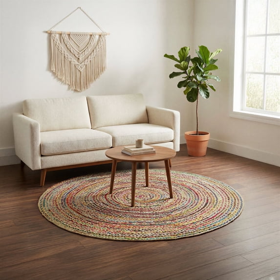 · REDEARTH · Jute Cotton Chindi Area Rug - 5' Round Rug, Handwoven, Non-Shedding, Soft & Durable – Multi Tones for Home Décor in Living Room, Dining Room, Bedroom