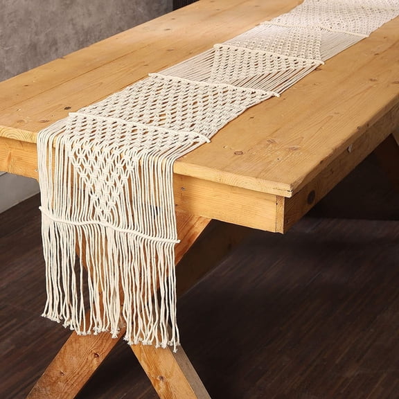 REDEARTH Macrame Table Runner-Hand Woven Exquisite Artisan Made Boho Decorative Table Linen for Dining Table, Coffee Table, Console, Dresser; 100% Cotton (14"x86"; Natural)
