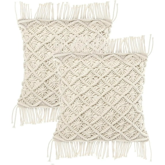 REDEARTH · Macrame Throw Pillow Cushion Covers-Woven Decorative Farmhouse Square Cases Set for Couch, Sofa, Bed, Farmhouse, Chair, Dining, Patio, Outdoor, car; 100% Cotton (18x18; Natural) Pack of 2