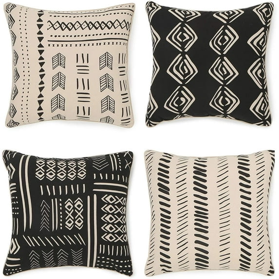 REDEARTH Printed Throw Pillow Cushion Covers-Woven Decorative Farmhouse Cases Set for Couch, Sofa, Bed, Chair, Dining, Patio, Outdoor, car; 100% Cotton (18"x18"; Black1) Pack of 4