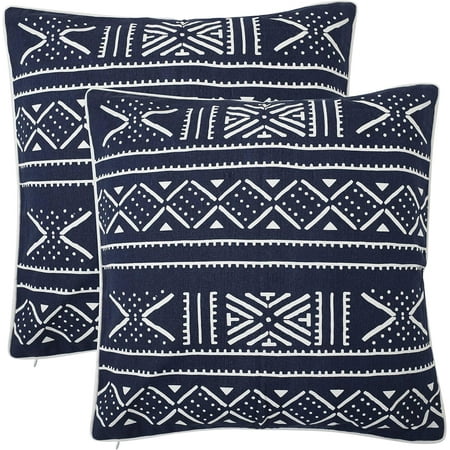 · REDEARTH · Printed Throw Pillow Cushion Covers-Woven Decorative Farmhouse Cases Set for Couch, Sofa, Bed, Chair, Dining, Patio, Outdoor, car; 100% Cotton (18"x18"; Mud Cloth Indigo) Pack of 2