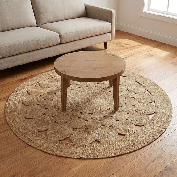 · REDEARTH · Round Area Rug - 5 Feet Braided Scalloped Abaca Embrace Natural Jute Rug- Artisan Made Boho Jute Patterned Rugs for Bedroom, Kitchen, Living Room, Farmhouse, Handmade Vintage Décor