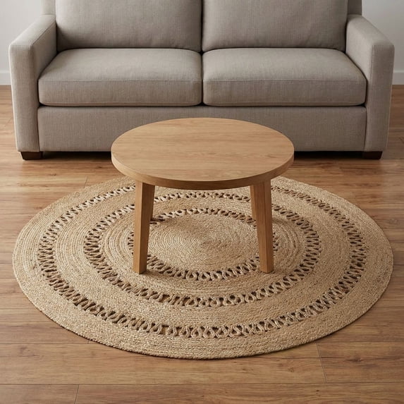 · REDEARTH · Round Area Rug - 5 Feet Braided Scalloped Earthy Trails Jute Rug- Artisan Made Boho Jute Patterned Rugs for Bedroom, Kitchen, Living Room, Farmhouse, Aesthetic, Handmade Vintage Décor