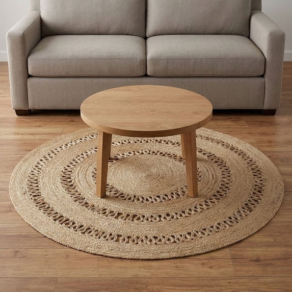 · REDEARTH · Round Area Rug - 5 Feet Braided Scalloped Earthy Trails Jute Rug- Artisan Made Boho Jute Patterned Rugs for Bedroom, Kitchen, Living Room, Farmhouse, Aesthetic, Handmade Vintage Décor