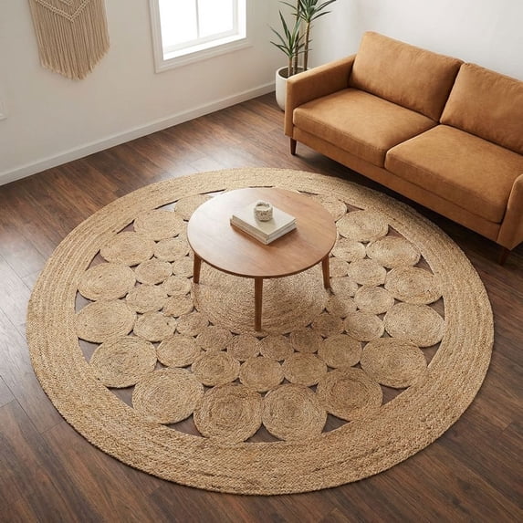 · REDEARTH · Round Area Rug - 6 Feet Braided Scalloped Abaca Embrace Natural Jute Rug- Artisan Made Boho Jute Patterned Rugs for Bedroom, Kitchen, Living Room, Farmhouse, Handmade Vintage Décor