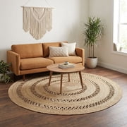 · REDEARTH · Round Area Rug - 6 Feet Braided Scalloped Earthy Trails Jute Rug- Artisan Made Boho Jute Patterned Rugs for Bedroom, Kitchen, Living Room, Farmhous