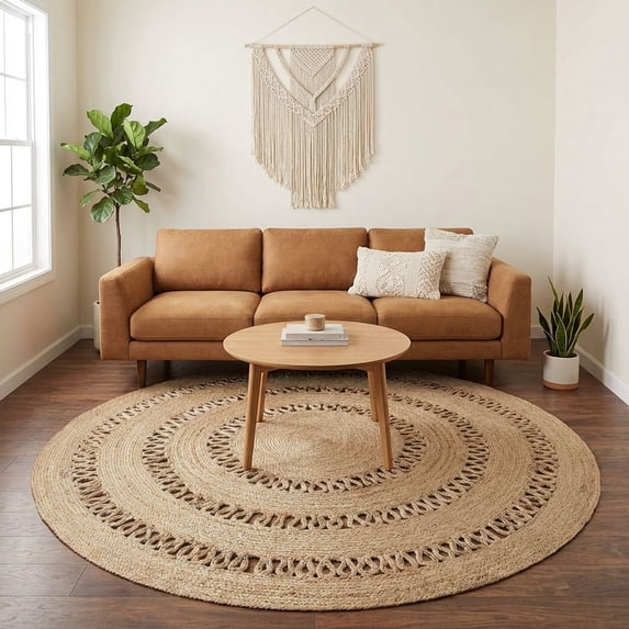 · REDEARTH · Round Area Rug - 8 Feet Braided Scalloped Earthy Trails Jute Rug- Artisan Made Boho Jute Patterned Rugs for Bedroom, Kitchen, Living Room, Farmhouse, Aesthetic, Handmade Vintage Decor