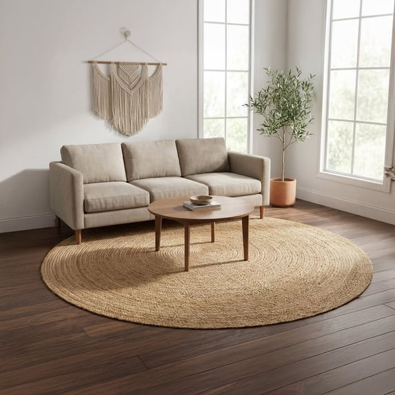 · REDEARTH · Round Area Rug - Hand Woven Braided 100% Natural Jute - Artisan Made Reversible Boho Jute Rugs for Bedroom - Kitchen - Living Room - Farmhouse - Aesthetic Home Decor (8' Feet - Natural)