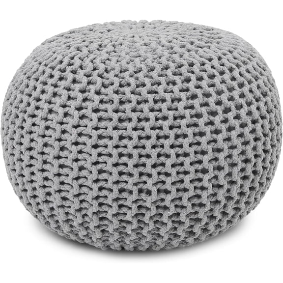 · REDEARTH · Round Boho Pouf Ottoman -Cable Knitted Cord Boho Pouffe, Stuffed Poof Accent Beanbag Chair Footrest for Living Room, Bedroom, Nursery, Covered Patio, Study Nook (19.5"x19.5" x14") - Gray