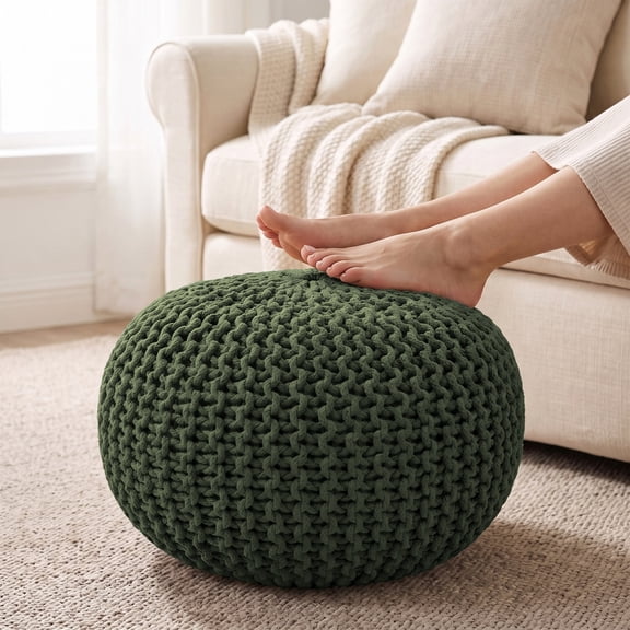 · REDEARTH · Round Hand Knitted Pouf - Foot Stool Bean Bag Ottoman - Cord Boho Pouffe - Poof Accent Beanbag Footrest for Living Room - Bedroom - Patio - Lounge (19.5"x19.5"x14") - Olive
