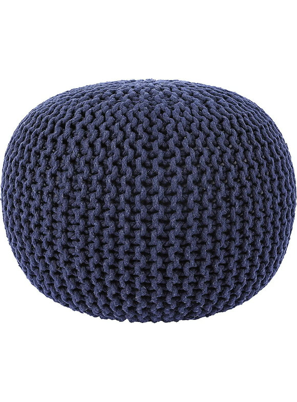 REDEARTH Round Pouf Foot Stool Bean Bag Ottoman - Cable Knitted Cord Boho Pouffe - Poof Accent Bean Bag - Handmade by Artisans for Living Room - Bedroom (19.5"x19.5"x14") - Navy Blue
