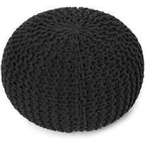 REDEARTH Round Pouf Foot Stool Ottoman -Hand Knitted Bean Bag, Cord Boho Pouffe, Cable Poof Accent Beanbag Chair Footrest for Living Room, Bedroom, Nursery, Patio, 100% Cotton 19x19x14; Black