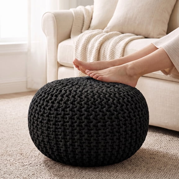 REDEARTH Round Pouf Foot Stool Ottoman - Hand Knitted Bean Bag - Cord Boho Pouffe - Cable Poof Footrest for Living Room - Nursery - Bedroom - Patio - 100% Cotton - Home Decor (19.5"x19.5"x14") -Black