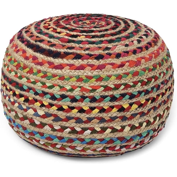 · REDEARTH · Round Pouf Ottoman - Braided Boho Poof Home Decor Pouffe Accent Sitting Circular Foot Rest for Living Room, Bedroom, Nursery, Kidsroom, Lounge; Jute and Cotton (19.5"x19.5"x14"; Multi)