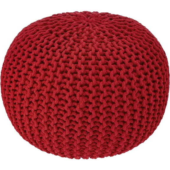 REDEARTH Round Pouf Ottoman - Hand Knitted Boho Poof Footrest - Red | 100% Cotton, 19.5"x19.5"x14"; Doubles as Footstool, Foot Rest; Great for Living Room, Bedroom, Nursery, Patio, Dorm, Lounge