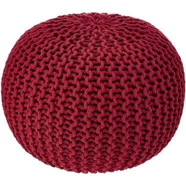 REDEARTH Round Pouf Foot Stool Bean Bag Ottoman - Knit Braided Cord Boho Pouffe Poof Accent Beanbag Chair Footrest for The Living Room, Bedroom, Nursery, Patio, Lounge 19.5x19.5x14; Red