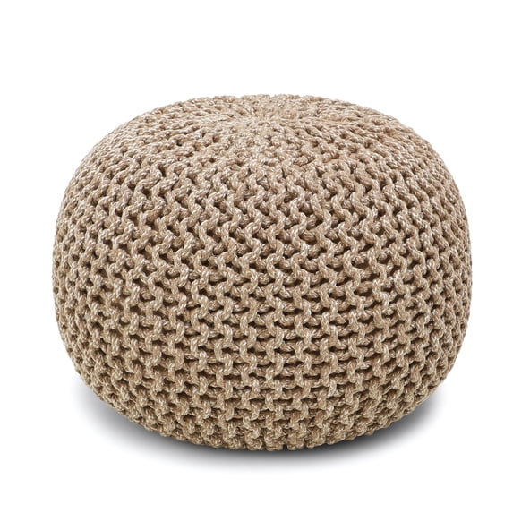 REDEARTH Round Pouf Ottoman - Hand Knitted Cable Boho Poof Home Décor Pouffe Circular Footrest for Living Room - Bedroom - Lounge - 100% Cotton (19.5"x19.5"x14") - Beige Ivory