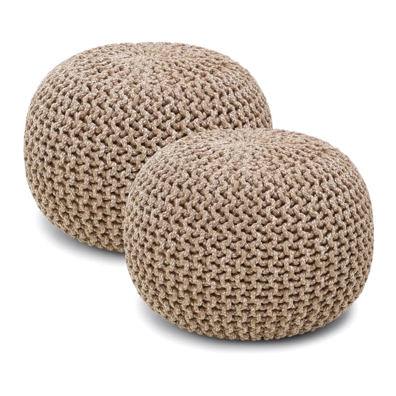 · REDEARTH · Round Pouf Ottoman - Hand Knitted Cable Boho Poof Home Décor Pouffe Circular Footrest for Living Room - Nursery - Bedroom - Lounge 100% Cotton (19.5"x19.5"x14") - Beige Ivory, Set of 2