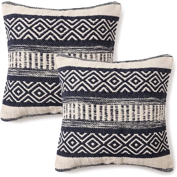 · REDEARTH · Textured Throw Pillow Cushion Covers-Woven Tufted Decorative Farmhouse Cases Set for Couch, Sofa, Bed, Chair, Dining, Patio, Outdoor; 100% Cotton 18"x18", Indigo Impressions Pack of 2