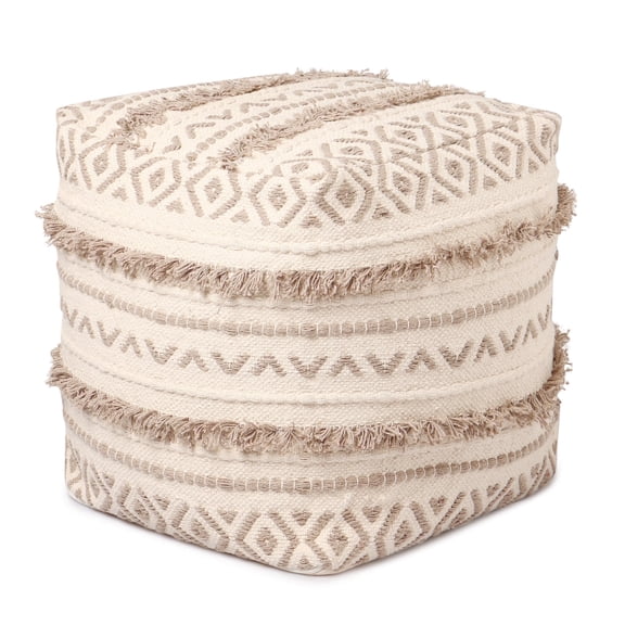 · REDEARTH · Tufted Pouf Ottoman with Filler Textured Storage Cube Bean Bag Pouffe Footrest for Living Room, Bedroom, Nursery, Kidsroom; 100% Cotton (17.5"X17.5"X17.5", Geometric Craft Taupe)