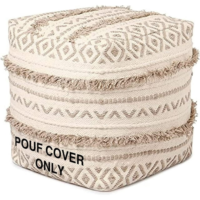 REDEARTH · UNSTUFFED Pouf Ottoman Cover Textured Boho Storage Cube Bean Bag Poof Pouffe Farmhouse Footrest for Living Room, Bedroom, Nursery; 100% Cotton (18"X18"X18"; Taupe Natural)