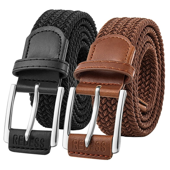 REDESS Men's Belt Braided Web Elastic Black Belt for Casual Golf Jeans,2 pack,Black Beige