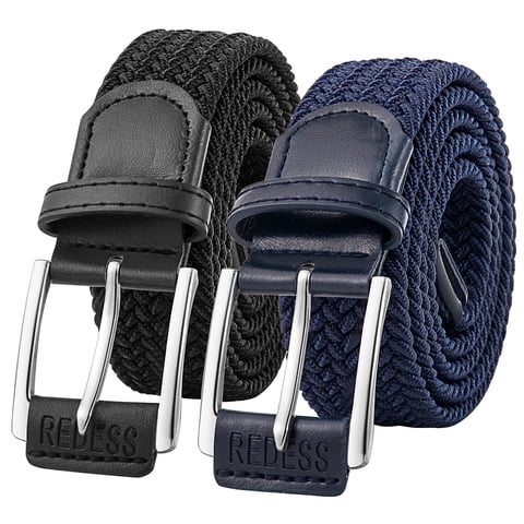 Men's Belt Braided Web Elastic Black Belt for Casual Golf Jeans,2 pack,Black+Beige