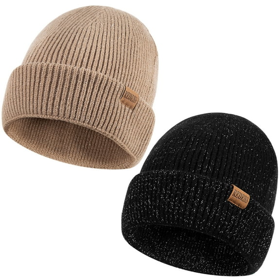 REDESS Beanie Hats for Women and Men Knit Soft Winter Warm Cuffed Hat, Black 2 pack