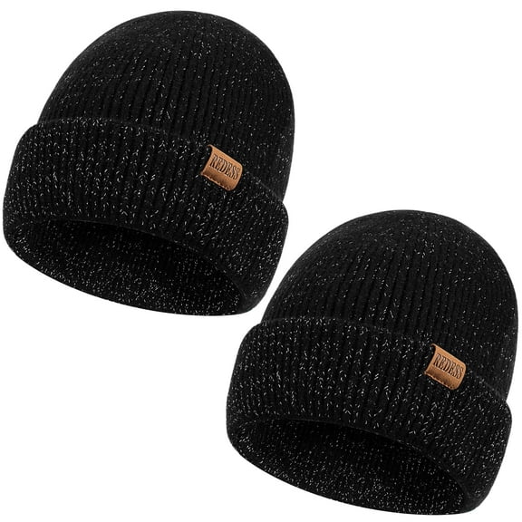 REDESS Beanie Hats for Women and Men Knit Soft Winter Warm Cuffed Hat, Black 2 pack