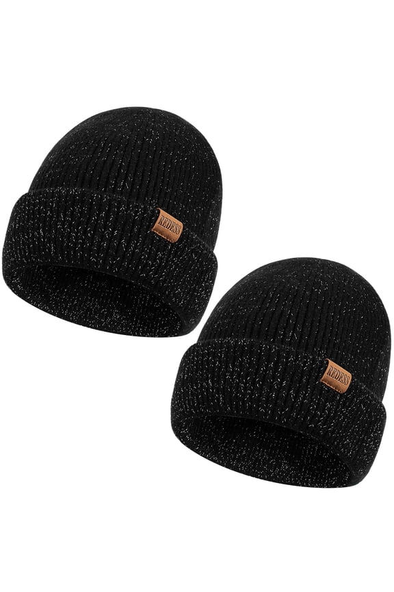 Beanie Hats for Women and Men Knit Soft Winter Warm Cuffed Hat, Black 2 pack
