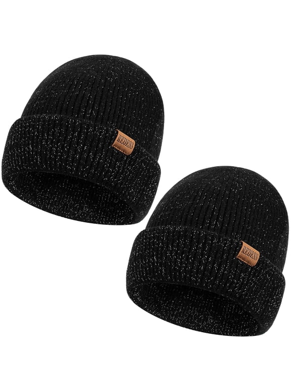 Beanie Hats for Women and Men Knit Soft Winter Warm Cuffed Hat, Black 2 pack