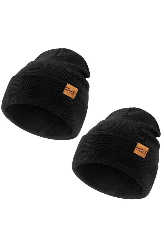 2 Pack Warm Winter Knit Cuffed Beanie Hat for Men and Women,Black+Black