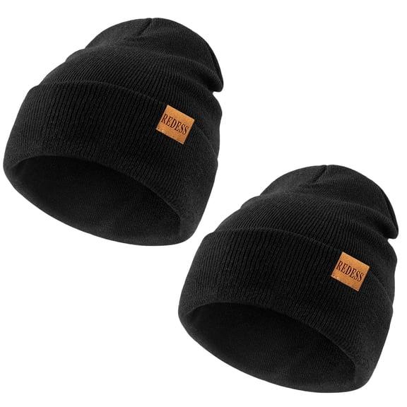 REDESS 2 Pack Warm Winter Knit Cuffed Beanie Hat for Men and Women,Black Black