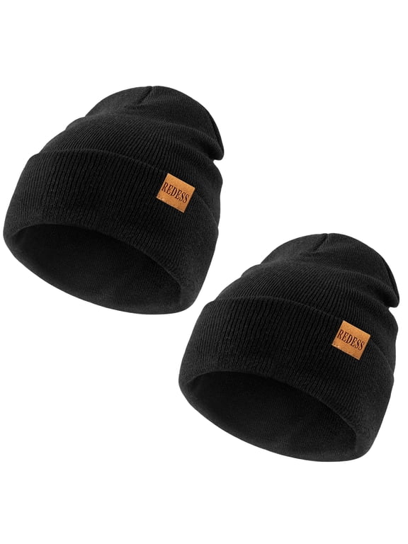 2 Pack Warm Winter Knit Cuffed Beanie Hat for Men and Women,Black+Black