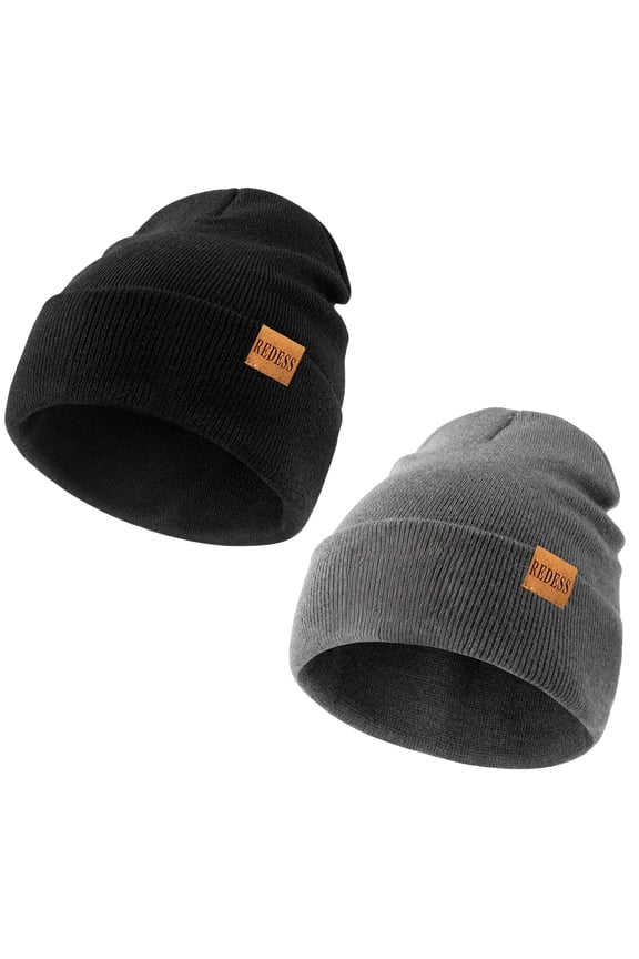 2 Pack Warm Winter Knit Cuffed Beanie Hat for Men and Women,Black+Dark Grey