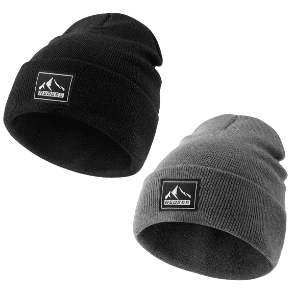 REDESS 2 Pack Warm Winter Knit Cuffed Beanie Hat for Men and Women,Black Dark Grey