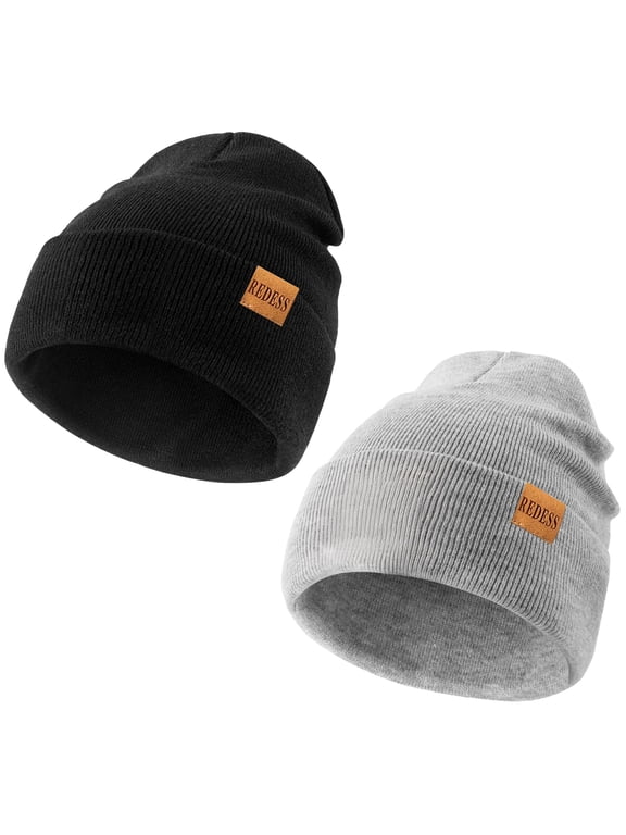 2 Pack Warm Winter Knit Cuffed Beanie Hat for Men and Women,Black+Light Grey