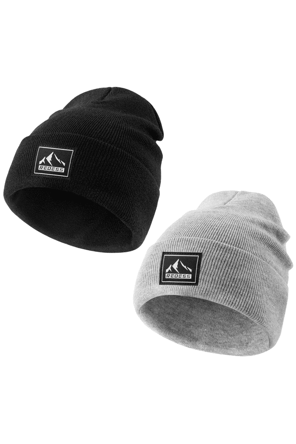 2 Pack Warm Winter Knit Cuffed Beanie Hat for Men and Women,Black+Light Grey