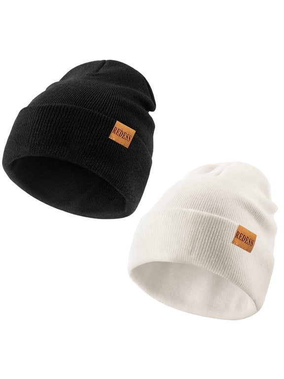2 Pack Warm Winter Knit Cuffed Beanie Hat for Men and Women,Black+White