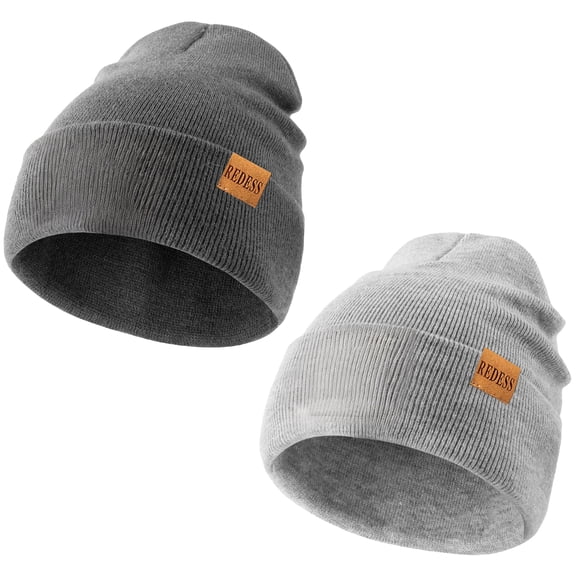 REDESS 2 Pack Warm Winter Knit Cuffed Beanie Hat for Men and Women,Dark Grey Light Grey
