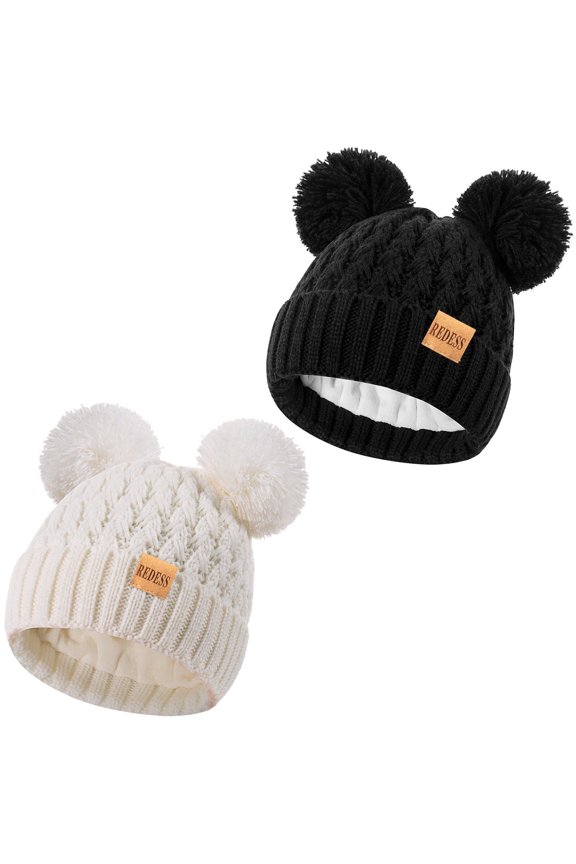 2 Pcs Toddler Winter Pom Pom Beanie Hat For 0-3 Years Old Kid-Black+White