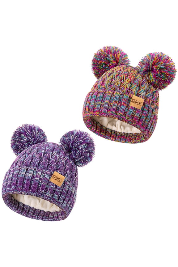 2 Pcs Toddler Winter Pom Pom Beanie Hat For 0-3 Years Old Kid-Multicolor