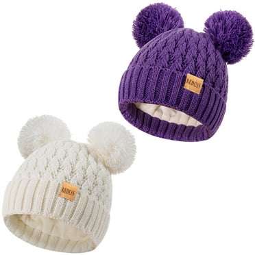 REDESS 2 Pcs Toddler Winter Pom Pom Beanie Hat For 0-3 Years Old Kid-White+Purple